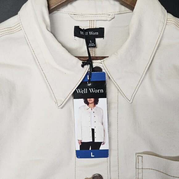 Well Worn Women's Size L Denim Button Up Jean Jacket Off White Cotton Blend - Picture 2 of 12